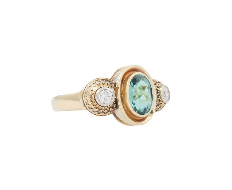 Ring mit Turmalin und Brillanten zus. ca. 0,2 ct, ca. WEISS (H)/VS-SI, Verdelith ca. 1 ct, GG 14K, 4,2 gr, RW: 55, Mitte 20. 