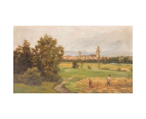 KORNBECK, JULIUS (1839-1920) "Heuernte bei Nürtingen" Öl auf Karton, Verso bez: "Umstehendes Bild stammt aus dem Nachlass mei