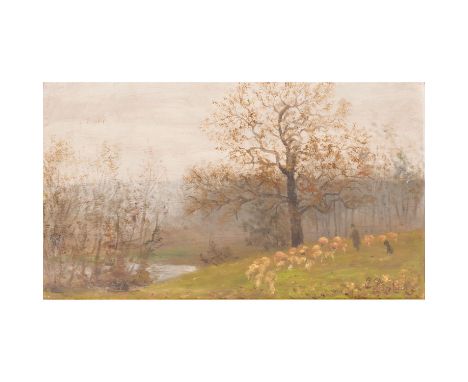 KORNBECK, JULIUS (1839-1920) "Schafherde" Öl auf Karton, sig., HxB: 25,5/43 cm. Rest., leichte Altersspuren. Rahmen, HxB: 33/