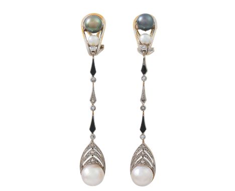 Art Déco Paar Ohrhänger mit Perlen und Diamanten, 2 Blisterperlen (verm. Natur), 4 Zuchtperlen, GG 14K, Schauseite Platin, tl