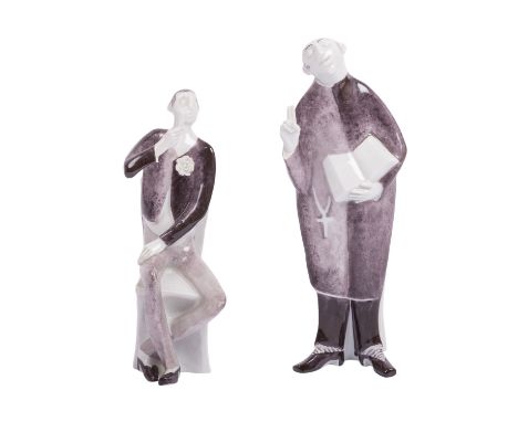 MEISSEN "Paar Figuren aus der Hochzeit des Mackie" Entwurf Peter Strang 1968, Modell-No.60453/60456, H: 17,5 cm. und 13,5 cm.