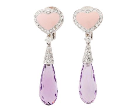 Paar Ohrhänger mit Amethysten und Brillanten von zus. ca. 0,79 ct, mittlere Farbe u. Reinheit, WG 18K tlw. emailliert, 10,9 g