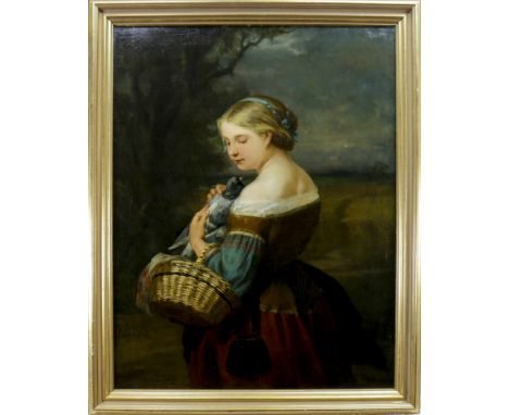 GERMAN SCHOOL, PORTRAIT OF A GIRL WITH A PIGEON oil on canvas, signed indistinctly 104cm x 60cm Framed and under glass