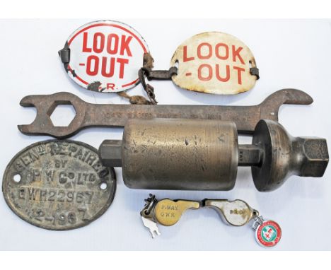 GWR small Locomotive Whistle stamped 'GWR'. Together with a GWR Water Gauge Spanner; Caledonian Railway Armband; unmarked Arm