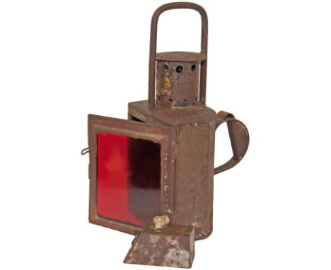 Somerset & Dorset Railway Handlamp with early Midland Railway brass plate and a red front glass, the lamp has been adapted by