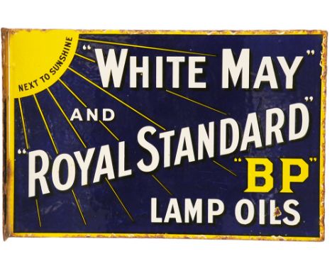 Enamel Advertising Sign 'White May & Royal Standard BP Lamp Oils' double sided, wall mounting variety 12 x 18 inches. Cobalt 