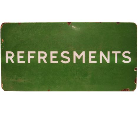 BR(S) enamel Station Sign with unusual spelling mistake  REFRESMENTS fully flanged, light green, 36 x 18 inches.