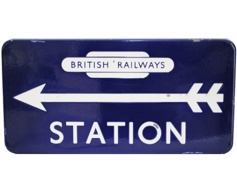 BR(E) enamel Station Direction Sign fully flanged 21 x 10.5 inches British Railways in Totem with Left hand facing arrow, In 