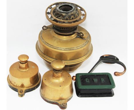 GWR Miscellany to include a Signal Box Brass Lamp vessel with no chimney nor wick; pair of brass Signalbox Plungers; Coat Hoo