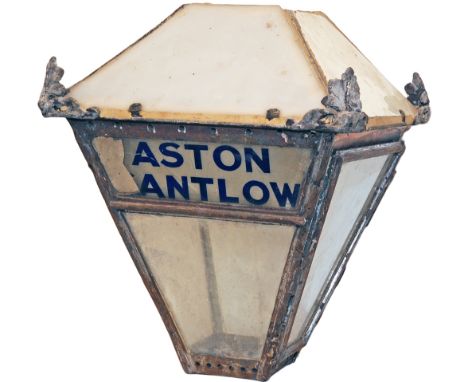 GWR early Platform Lamp with original glass lamp name ASTON CANTLOW. Ex GWR Halt on the Alcester Branch to Bearley comprising