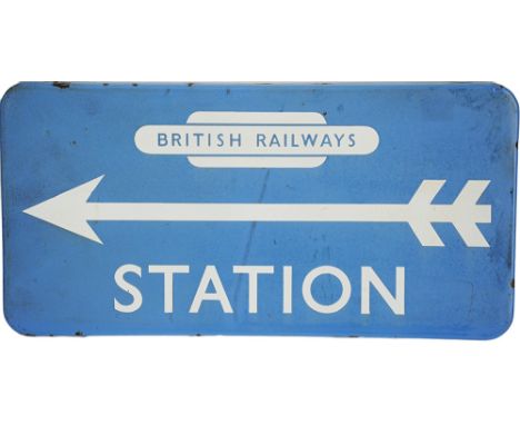 BR(Sc) enamel Station Direction Sign fully flanged 21 x 10.5 inches British Railways in Totem with Left hand facing arrow, In