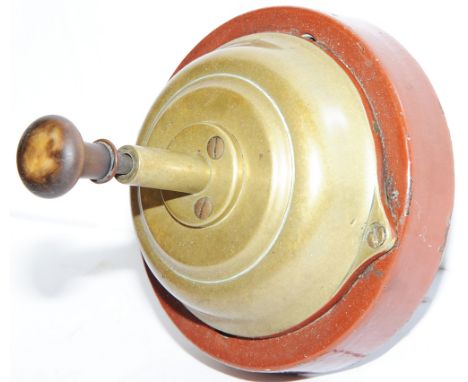 Preece Signal Box Push Button. Brass on a wooden base and complete with original bone plunger. Measures 5 inch diameter x 5.5