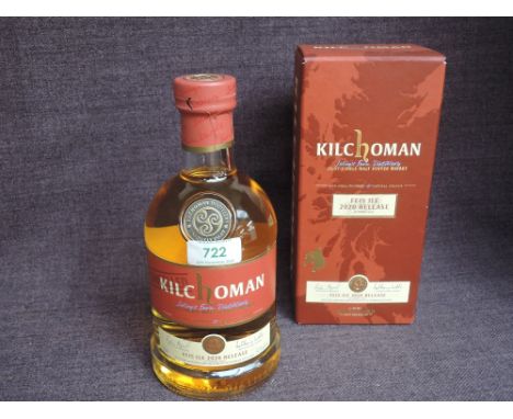 A bottle of Kilchoman 12 Year Old Islay Single Malt Scotch Whisky, Feis Isle 2020 Release, label over printed Cancelled, type