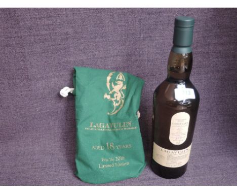 A bottle of Lagavulin 18 Year Old Islay Single Malt Scotch Whisky, Feis Ile Festival 2018, matured in Refill American Oak Hog