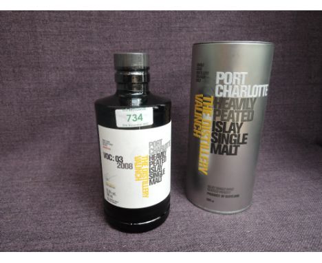 A bottle of Port Charlotte 13 Year Old Heavily Peated Islay Single Malt Scotch Whisky, The Distillery Valinch, single cask, c