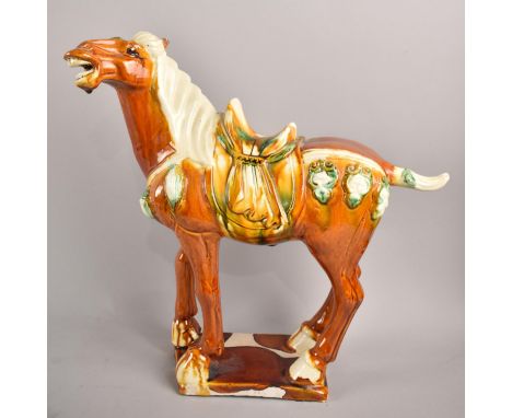 A Large Glazed Ceramic Study of Tang Horse, ears AF, 36cms Wide 