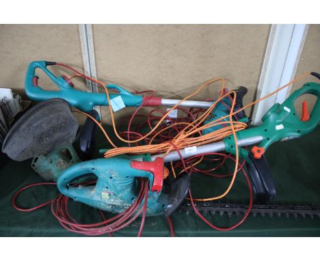 A Collection of Three Electric Garden Tools to include Bosch Strimmer and Hedge Cutter together with a Black and Decker Garde