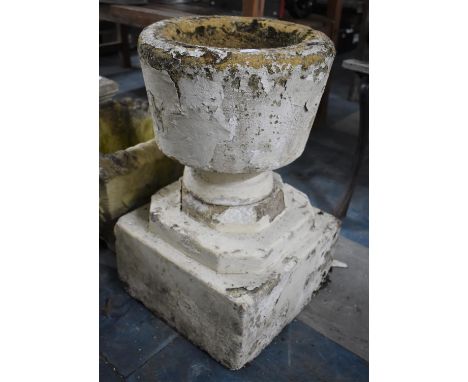 A Reconstituted Stone Cream Painted and Weathered Garden Planter of Urn Form on Square Tiered Base, 49cms Tall 