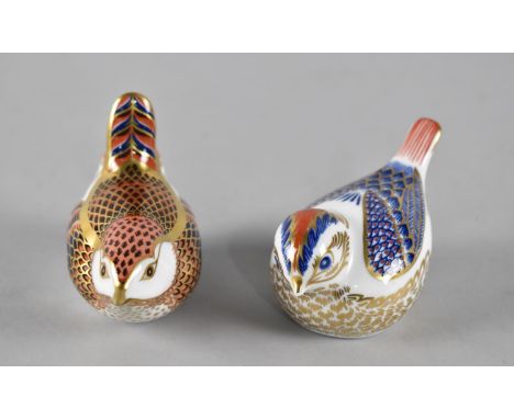 Two Royal Crown Derby Bird Paperweights, One with Gold Button, Wren with Silver Button 