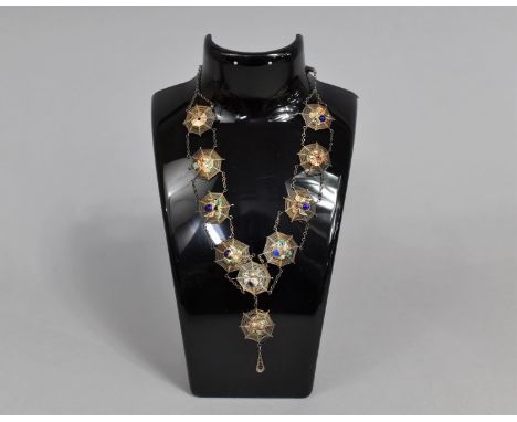 A Vintage Continental White Metal Filigree Necklace Comprising 10 Spider Web Panels with Central Enamelled Spider (One Missin
