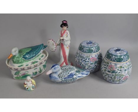 A Collection of Various Oriental and Eastern Ceramics to include Hand Painted Duck Ornament, Two Lidded Jars, Tureen with Duc