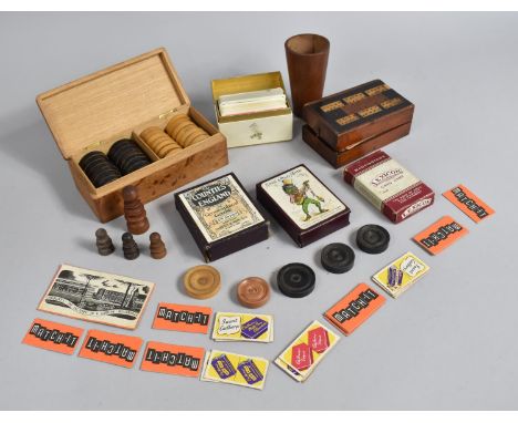 A Collection of Various Playing Card Games, Chess Pieces, Draughts, Cribbage Board Etc 