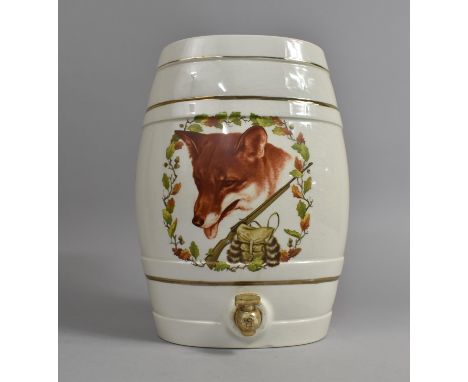 A Mid 20th Century Transfer Printed Ceramic Spirit Barrel with Tap, 29cms High 