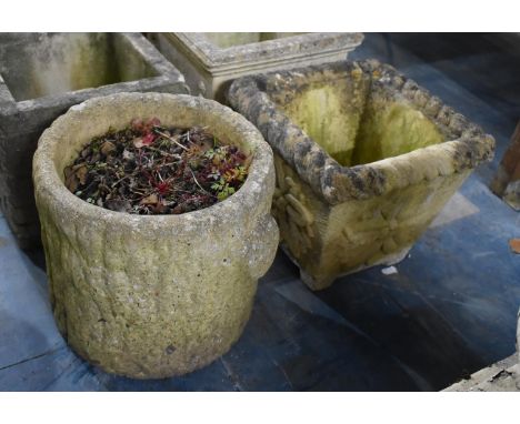 Two Reconstituted Stone Garden Planters, One in the Form of a Tree Trunk, The Other having Floral Decoration, Square Example 