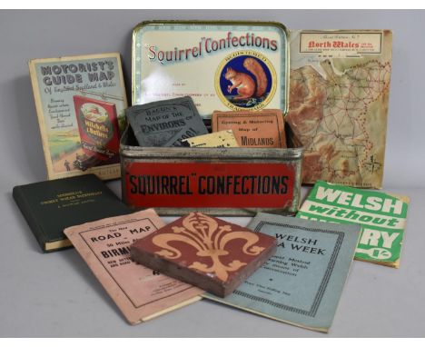 A Vintage Tin Containing Maw Terracotta Tile, Printed Maps and Pamphlets Etc 