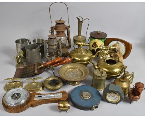 A Large Collection of Various Metalwares to include Tankards, Oil Lamp, Early/Mid 20th Century Smith Mantel Clock, Teddy Bear