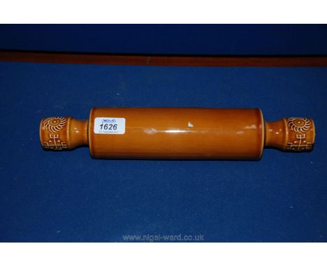 A Brown 'Totem' Pattern Rolling Pin with Original End Bungs by Portmeirion Pottery -13½" long.