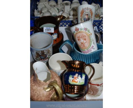 A quantity of Jugs, beakers, etc. including lustre, Royal Worcester jug (a/f), Sadler, Royal commemorative, etc