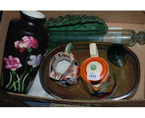 A flower arranging Bowl in green, an Ironstone jug, coffee pot, Sylvac pot, glass rolling pin, etc.