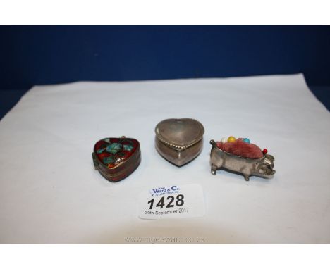 A white metal pig Pin Cushion, Silver box and an enamel Locket