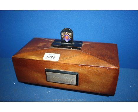 A wooden presentation Box, silk and velvet lined, with enamel silver fob on finial and a silver plaque ''Thomas Winton Grimme