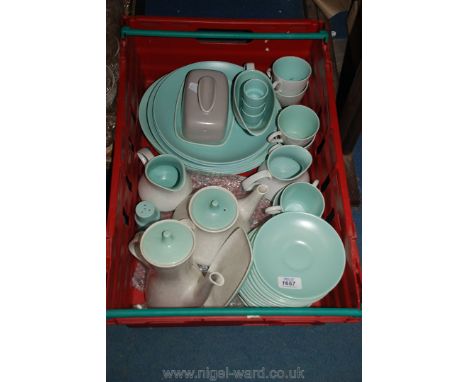 A quantity of blue and grey Poole Pottery Dinner and Tea ware including dinner plates, coffee and tea pots, cups, saucer, egg