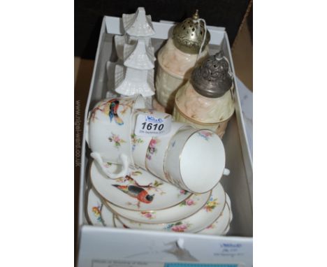Four small Royal Doulton pattern H1422 Cups and saucers depicting birds, two Royal Worcester salt and peppers and two Locke W