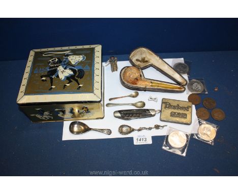 A tin containing several crowns, a penknife, caddy spoon and a meerschaum pipe, etc
