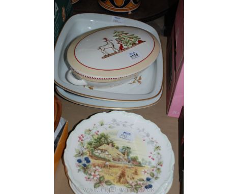 Two large Royal Worcester 'Evesham' dishes, Villeroy & Bosch Christmas Tureen and four Royal Albert Plates from the Cottage G