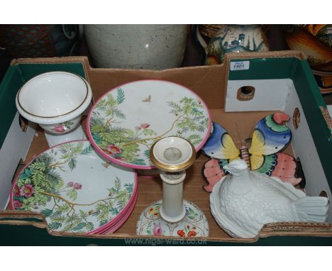 A Portmeirion Hen on Nest, Royal Worcester footed rose Bowl,  Victorian Candlestick with botanical decoration and Victorian p