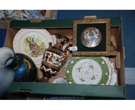 A quantity of china including Palissy animal display plates, Victorian dessert plates, Vase converted to a lamp, framed and m