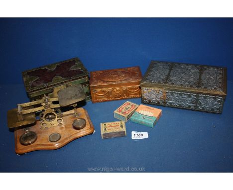 A set of brass postal Scales and miscellaneous old Tins
