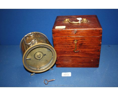 A vintage c1900's Pigeon timing Clock, maker probably 'Toulet' complete with Oak carrying case and key