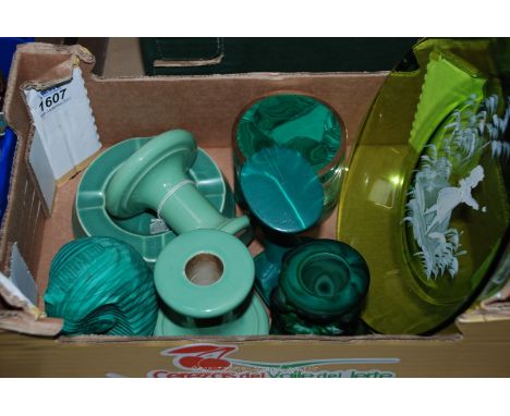 A Keith Murray Wedgwood Ashtray, a Mary Gregory type Plate, two Egyptian style green heads, glass candlestick, green round bo