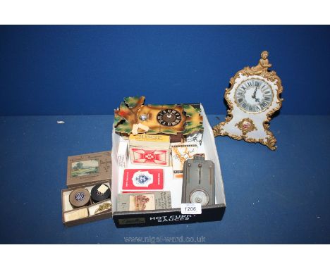 A Cuckoo Wall Clock (a/f), playing cards, picture framing outfit, an old Daimon cycling torch, etc 
