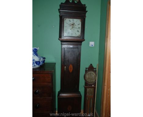 A Georgian Longcase Clock with swan pediment hood with painted face with flowers and a pheasant, (James Lee, Abergavenny) wit