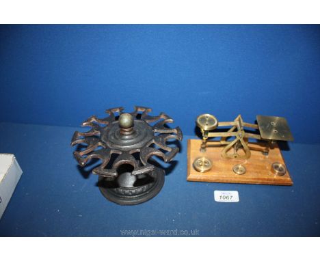 A set of brass Postal Scales and a cast iron rubber stamp Holder