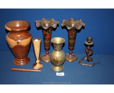 A pair of metal, fluted rim Vases with etched and coloured designs of peacocks, flowers, etc., and a similar cobra Candlestic