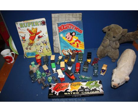 A quantity of toys including old Dinky toy tractor and other model vans and cars, two soft toys, Rupert annual, box of Flying