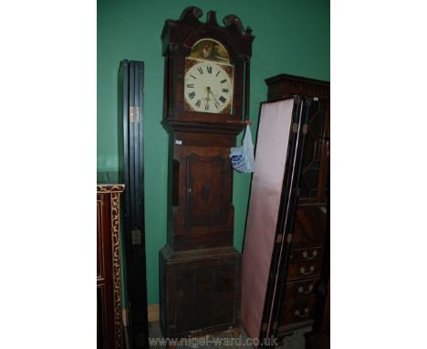 A Victorian Mahogany and Oak Longcase Clock with swan pediment hood, painted face, short door case with canted corners, stand